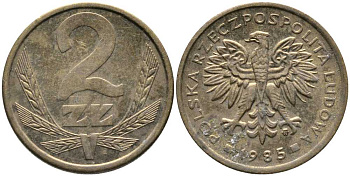 ПОЛЬША 2 ЗЛОТЫХ 1985 MW KM 80.1 латунь 110-855