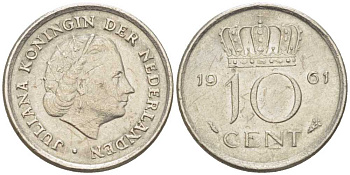 НИДЕРЛАНДЫ 10 ЦЕНТОВ 1961 ЮЛИАНА (1948-1980) KM 182 никель 214-1156