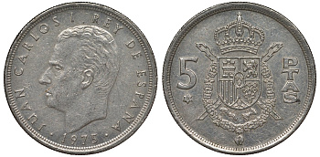 Испания 5 песет 1975 (76) Хуан Карлос I (1975-2001) KM 807 медно-никель 4128-1014