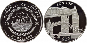 Либерия 20 долларов 2000 серия памятники архитектуры, Лондон KM 639 серебро PROOF 11-145-41