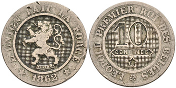 Бельгия 10 сантимов 1862 Belges KM 22 медно-никель 190-723