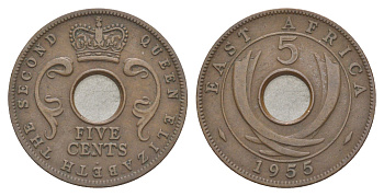 Британская Восточная Африка 5 центов 1955 Елизавета II (1952-2022) KM 37 бронза 4150-641