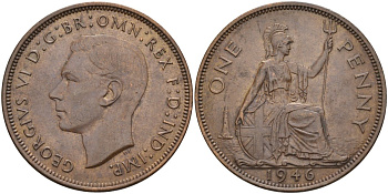 Великобритания 1 пенни 1946 Георг VI (1936-1952) KM 845, Spink 4114 бронза 4117-1233