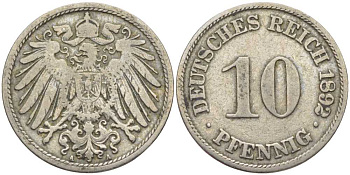 ГЕРМАНИЯ 10 ПФЕННИГОВ 1892 A KM 12, J. 13 медно-никель 4401-932