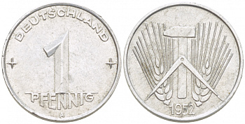 ГДР 1 ПФЕННИГ 1952 А KM 5 алюминий 3955-539