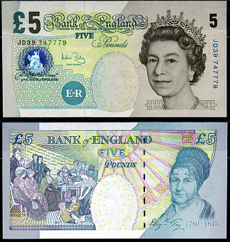 Англия 5 фунтов 2002 Банк Англии, Элизабет Фрай, серия JD Pick 391c бумага UNC (пресс) 450-104-3