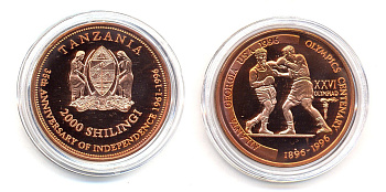 Танзания 2000 шиллингов 1996 XXVI Олимпийские игры 1996 года в Атланте, 100 лет Олимпийскому движению, боксеры, пробник, гладкий гурт медь PROOF 06-157-22