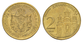 Сербия 2 динара 2020 KM 55 сталь плакированная латунью UNC 4649-117