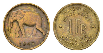 Бельгийское Конго 1 франк 1949 слон, Леопольд III KM 26 латунь 4674-1247