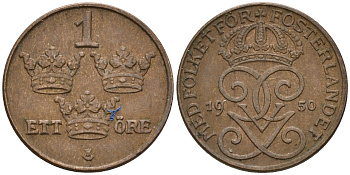 Швеция 1 эре 1950 Густав V (1907-1950) KM 777.2 бронза 4602-614