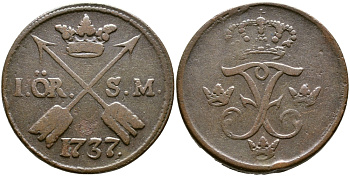 Швеция 1 эре 1737 S.M. Фредерик I (1720-1751) KM 416.1 медь 37-723