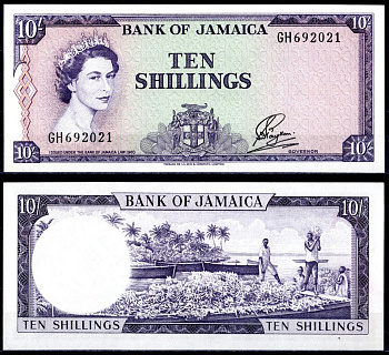 Ямайка 10 шиллингов 1960 (1964) королева Елизавета II (1952-2022), банановая плантация Pick 51 Bb бумага UNC (пресс) 451-372-1