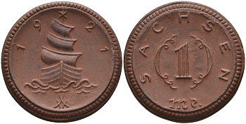 Саксония 1 марка 1921 парусник J. N 55 фарфор 1094-4-75