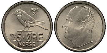 Норвегия 25 эре 1959 Улаф V (1958-1991), синица KM 407 медно-никель 100-1162