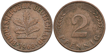 ФРГ 2 ПФЕННИГА 1968 D KM 106а, J.381а сталь плакированная медью 4567-911