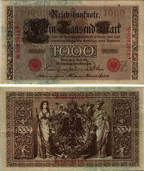 ГЕРМАНИЯ 1000 МАРОК 1910 21 АПРЕЛЯ 1910, СЕМЬ ЦИФР В НОМЕРЕ, КРАСНАЯ ПЕЧАТЬ Pick 44b бумага 6318-19-1