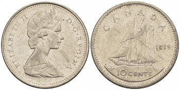 Канада 10 центов 1975 Елизавета II (1952-2022), парусник KM 77.1 никель 4532-446