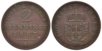 ПРУССИЯ 2 ПФЕННИГА 1867 B, ВИЛЬГЕЛЬМ I (1861-1888) KM 481 медь 186-616
