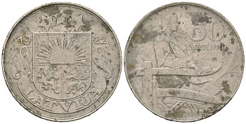 Латвия 50 сантимов 1922 первая Республика (1918-1939) KM 6 никель 92-212