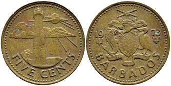 Барбадос 5 центов 1973 маяк Саут-Пойнт KM 11 латунь 4398-452