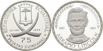Экваториальная Гвинея 75 песет 1970 Авраам Линкольн, Президент США (1861-1865) KM 10.1 серебро PROOF 1091-7-22