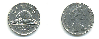 Канада 5 центов 1975 Елизавета II (1952-2022), бобр KM 60.1 никель 86-1121