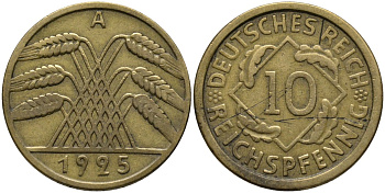 Германия 10 рейхспфеннигов 1925 A KM 40 алюминиевая бронза 4171-332