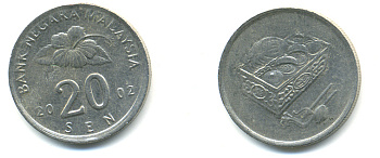 Малайзия 20 сенов 2002 цветок KM 52 медно-никель 176-1017