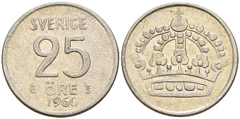 Швеция 25 эре 1960 TS, Густав VI Адольф (1950-1973) KM 824 серебро 4147-1113