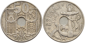 ИСПАНИЯ 50 СЕНТИМО 1963 (65) ФРАНСИСКО ФРАНКО ДИКТАТОР ИСПАНИИ ( 1939- 1975) , МОРСКАЯ АТРИБУТИКА KM 777 медно-никель 216-532