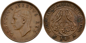 ЮАР 1/4 пенни 1948 Георг VI (1937-1952) KM 32.1 бронза 4164-637