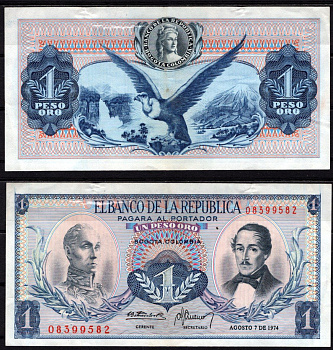 Колумбия 1 песо оро 1974 Симон Боливар, генерал Франсиско де Паула Сантандер, андский кондор Pick 404 e бумага 6299-13-2-2
