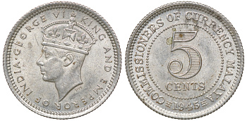 Британская Малайя 5 центов 1945 Георг VI (1937-1952) KM 3a серебро 53-164