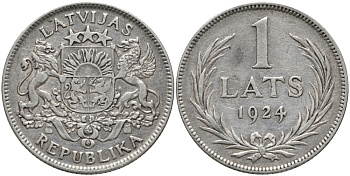 Латвия 1 лат 1924 Первая республика (1918-1939) KM 7 серебро 75-1946