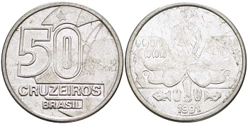 Бразилия 50 крузейро 1991 KM 620.2 нержавеющая сталь 4364-1215