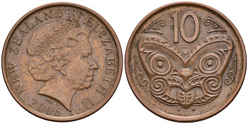 Новая Зеландия 10 центов 2006 маска Маори, Елизавета II (1952-) KM 117а сталь плакированная медью 176-317