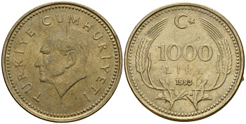 Турция 1000 лир 1993 Кемаль Ататюрк KM 997 медь цинк никель 4601-713