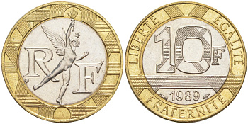 Франция 10 франков 1989 тип Гений Бастилии KM 964.1, Le Frank 375.3 биметалл 4519-234