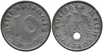 ГЕРМАНИЯ 10 РЕЙХСПФЕННИГОВ 1940 D, KM 101, J. 371 цинк 4525-1222