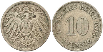 Германия 10 пфеннигов 1905 J KM 12, J. 13 медно-никель 34-255