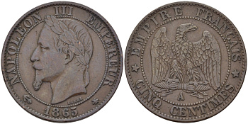 ФРАНЦИЯ 5 САНТИМОВ 1965 А, НАПОЛЕОН III KM 797.1 бронза 28-644