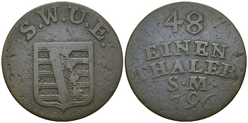Саксен-Веймар-Эйзенах 1/48 талера 1796 S.W.U.E., Карл Август (1758-1809-1828) KM 67 серебро    99-617