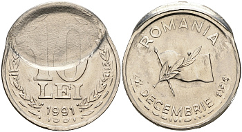 Румыния 10 леев 1991 технологический брак монетного двора KM 108 сталь плакированная никелем  UNC  441-511
