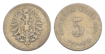 Германия 5 пфеннигов 1875 J, Вильгельм I (1871-1888) KM 3, J. 3, Weege 5 медно-никель 4639-1248