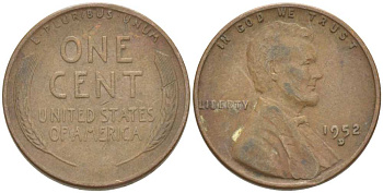 США 1 ЦЕНТ 1952 D, ЛИНКОЛЬН KM А132 медь цинк 3309-965