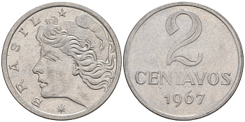 БРАЗИЛИЯ 2 СЕНТАВО 1967 ГОЛОВА СВОБОДЫ ВЛЕВО KM 576.1 нержавеющая сталь 187-528