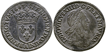 Франция 1/12 экю 1643 А, Людовик XIIII KM 140.1 серебро 603-1414