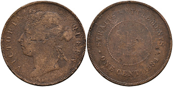 Стрейтс-Сетлментс 1 цент 1884 Виктория (1837-1901), Ост-Индская компания KM 9а бронза 4590-432