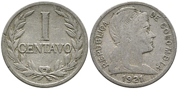 Колумбия 1 сентаво 1921 KM 275 медно-никель 4532-163