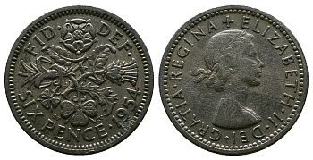 Великобритания 6 пенсов 1954 Елизавета II (1952-2022) KM 903, Spink 4149 медно-никель 4381-639